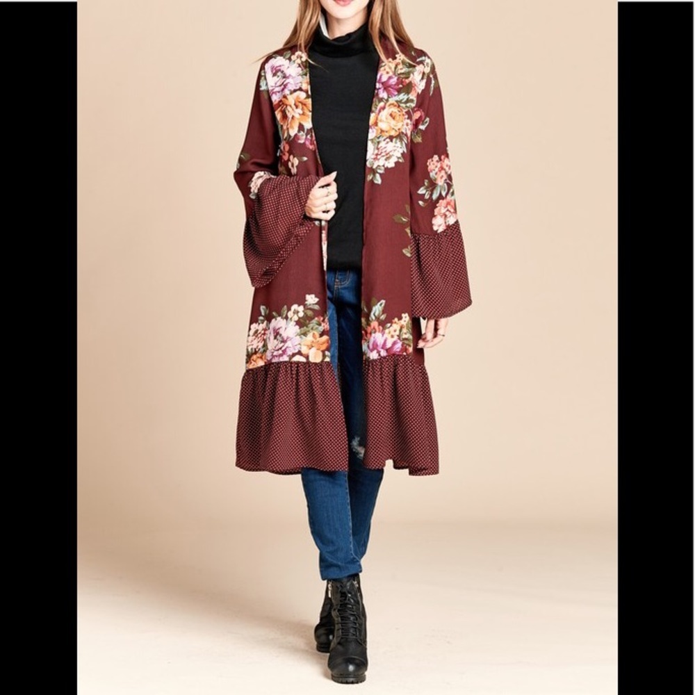 Burgundy floral print kimono - Picture 3 of 7